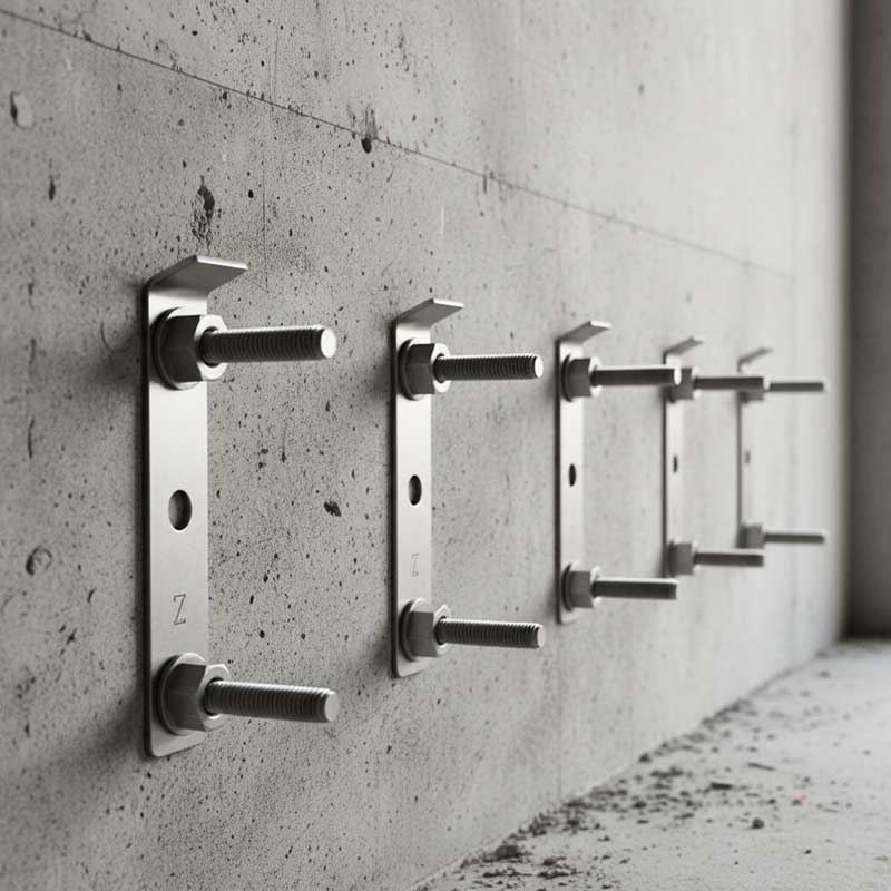 Close-up of stainless steel Z-clip mechanical fixing system mounted on concrete wall for supporting heavy engineered quartz wall panels with visible concrete anchors