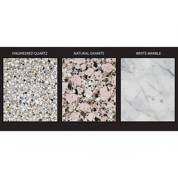 Microscopic cross-section triptych showing internal structure of engineered quartz with dense uniform bonded particles, granite with visible crystalline feldspar and mica structure, and marble with calcite crystal formations and natural porosity