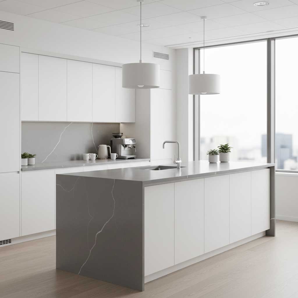 Contemporary corporate office kitchenette with sleek gray quartz countertop, waterfall edge island, pendant lighting, and modern cabinetry