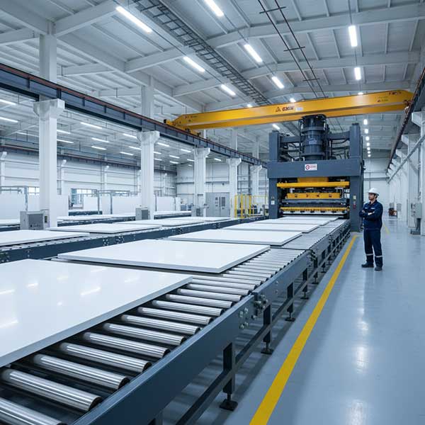 Interior of modern quartz stone manufacturing factory showing automated production line processing large engineered quartz slabs