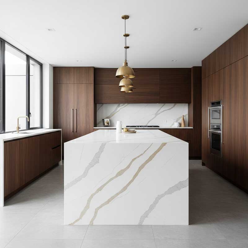 Modern luxury kitchen interior with large Calacatta Gold quartz island countertop featuring warm gold and grey veining, waterfall edge, dark wood cabinets, and pendant lights