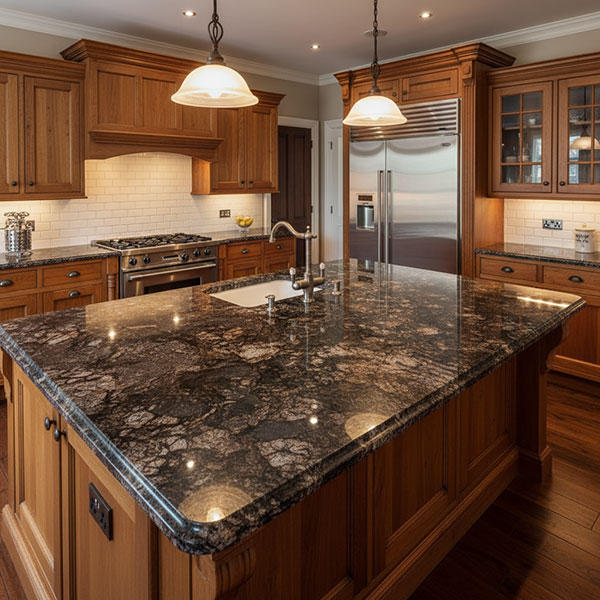 Traditional luxury kitchen with large island featuring polished dark speckled granite countertop showing natural crystal patterns, rich wood cabinetry, and warm pendant lighting