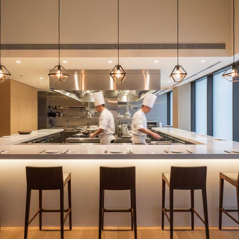 Modern restaurant open kitchen concept with chefs working behind a white quartz display counter, guests seated at bar stools, warm lighting