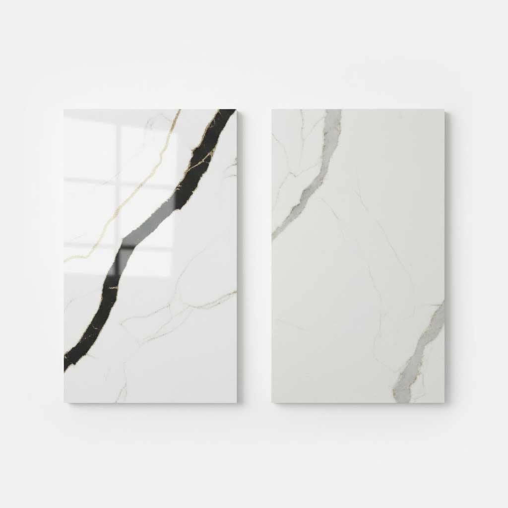 Side-by-side comparison of polished and honed quartz surface finishes on the same white marble-look quartz, showing reflection and texture differences, close-up studio lighting
