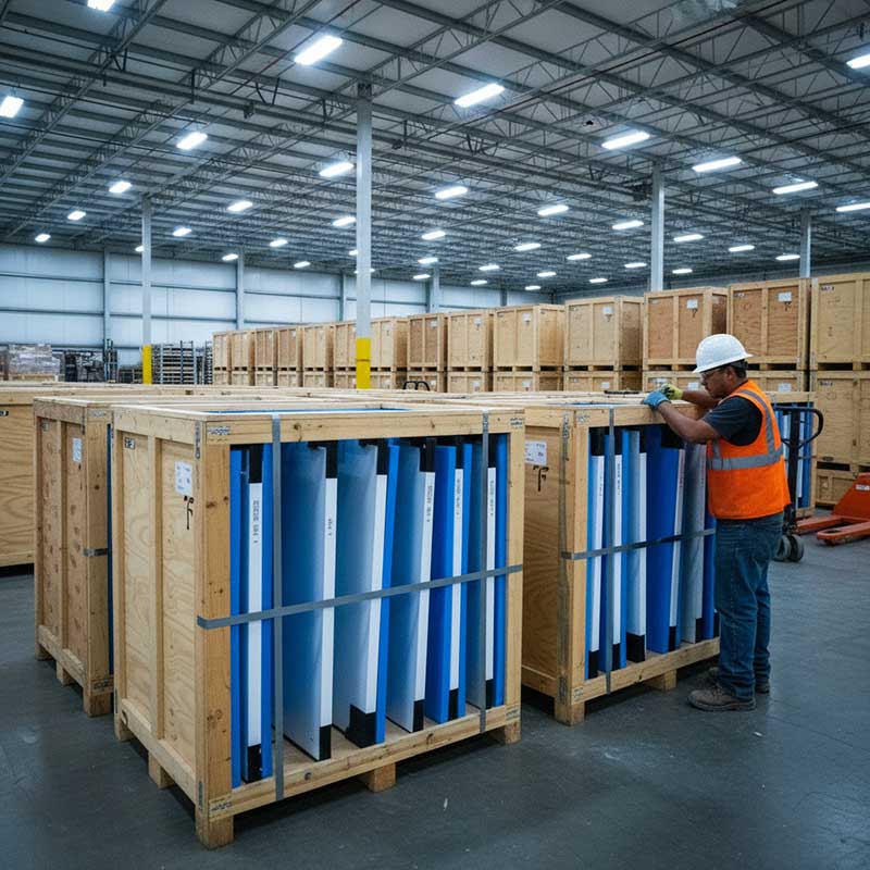 Pre-fabricated quartz vanity tops being packed vertically in wooden crates with foam protection for international shipping