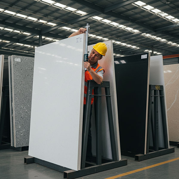 Quality inspector using a digital caliper to measure the edge thickness of an engineered quartz slab at a factory warehouse, with multiple stacked slabs visible in the background