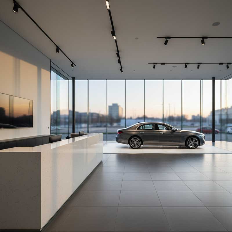Premium car dealership showroom with sleek white quartz reception desk featuring waterfall edge, luxury vehicle on display, modern minimalist interior