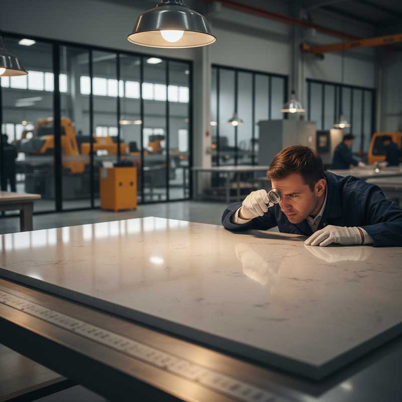 Factory quality inspector examining the surface of a polished engineered quartz stone slab during production quality control