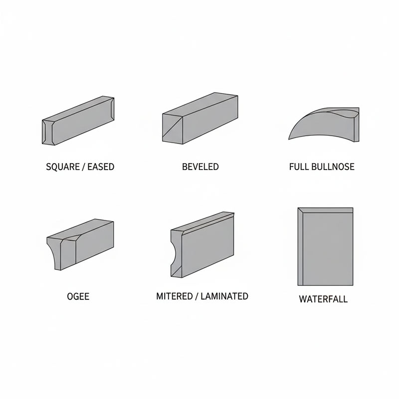 Diagram showing six different quartz countertop edge profile options - square, beveled, bullnose, ogee, mitered, and waterfall - with cross-section views and thickness dimensions labeled