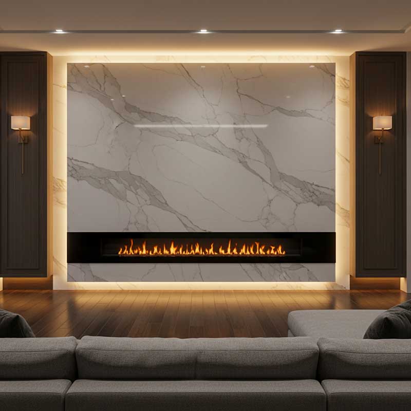 Modern luxury living room with floor-to-ceiling white marble-look quartz feature wall behind electric fireplace with subtle LED edge backlighting creating warm ambiance