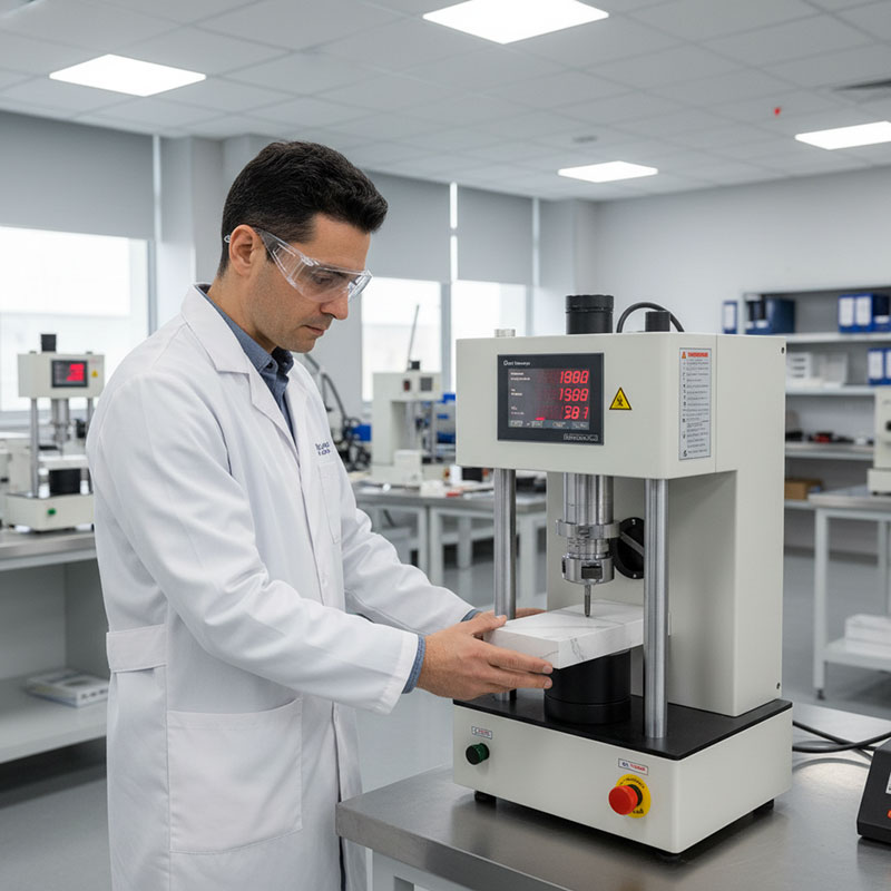 Quality control technician in white lab coat performing flexural strength testing on an engineered quartz slab sample using a three-point bending machine in a laboratory