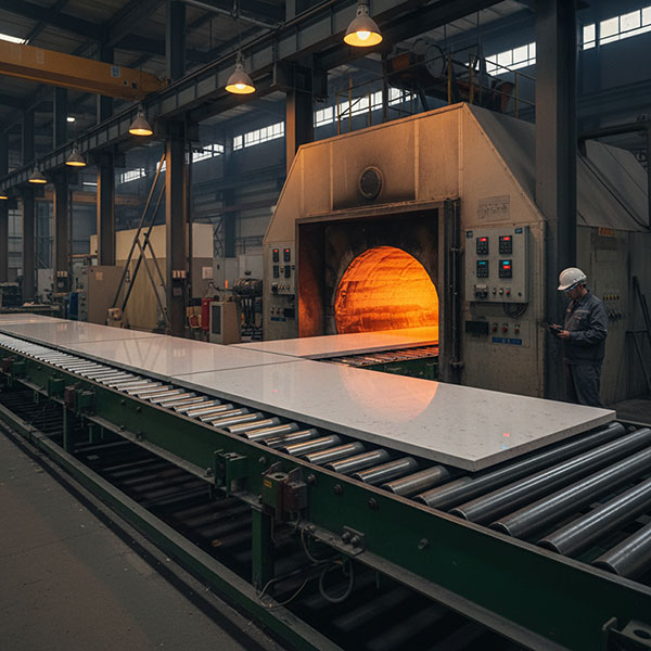 Engineered quartz stone slabs entering a high-temperature curing kiln on a roller conveyor