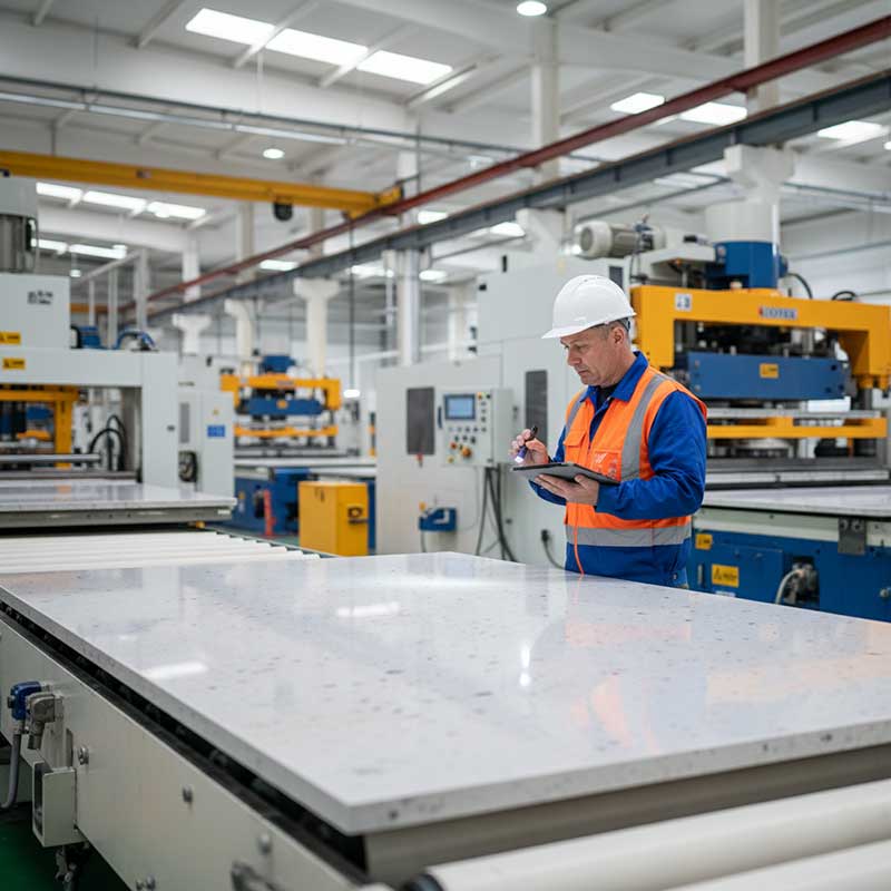 Quality control inspector in safety gear examining polished engineered quartz slab on factory production line, bright industrial lighting