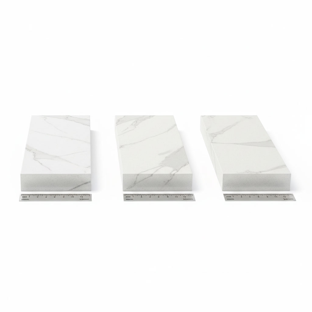 Cross-section comparison showing 12mm, 20mm, and 30mm engineered quartz slab profiles placed side by side on a white background with measurement rulers