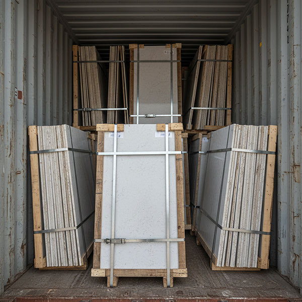 Interior view of a 20-foot shipping container loaded with engineered quartz slab bundles in wooden A-frame crates secured with steel strapping