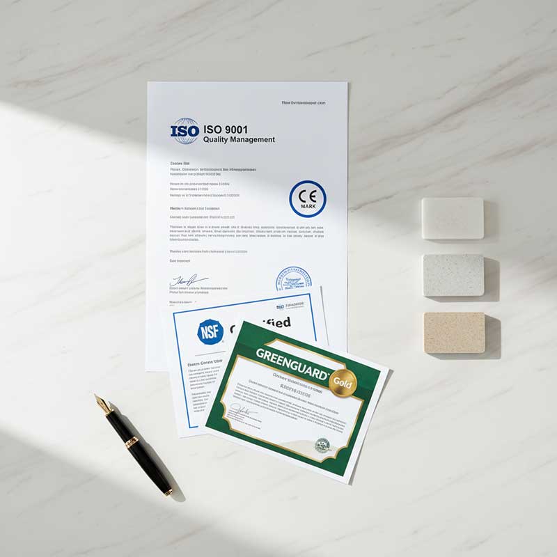 International quality and safety certification badges for engineered quartz stone including CE NSF ISO Greenguard