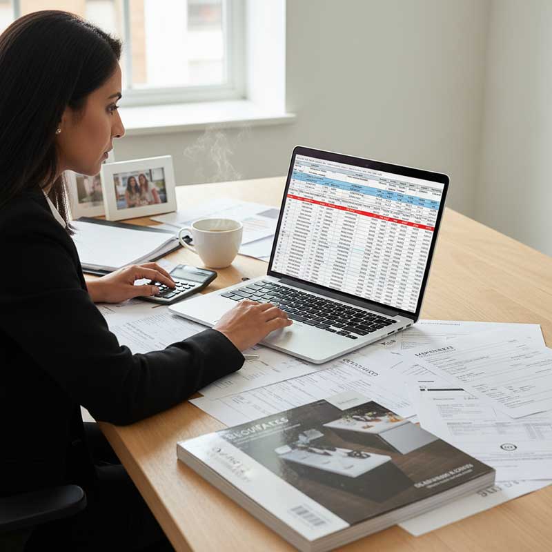 Business professional calculating landed cost for engineered quartz stone import with financial documents