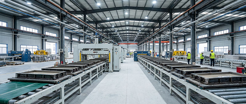 Panoramic view of an engineered quartz stone factory production line showing automated equipment and large slab molds