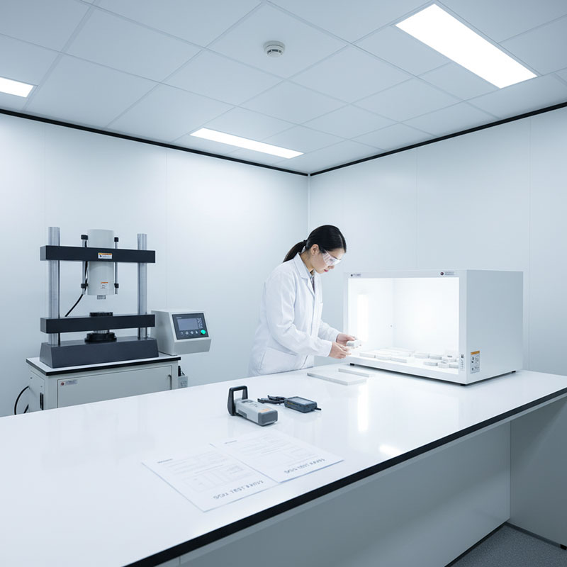 Quality control technician testing a quartz stone sample in a factory laboratory with testing equipment