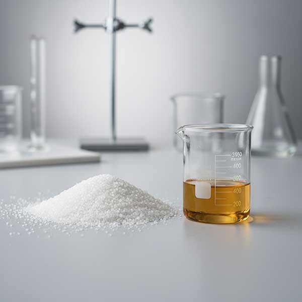 Close-up of quartz stone raw materials including white silica sand crystals and liquid polyester resin used in engineered quartz manufacturing