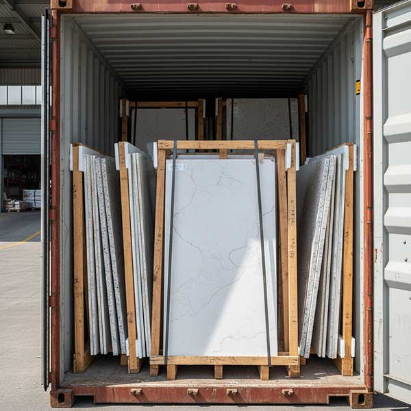 Engineered quartz stone slabs packed in wooden crates inside shipping container for international export