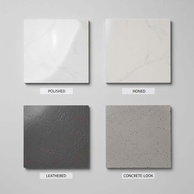 Four quartz stone surface finish samples showing polished, honed, leathered, and concrete textures side by side