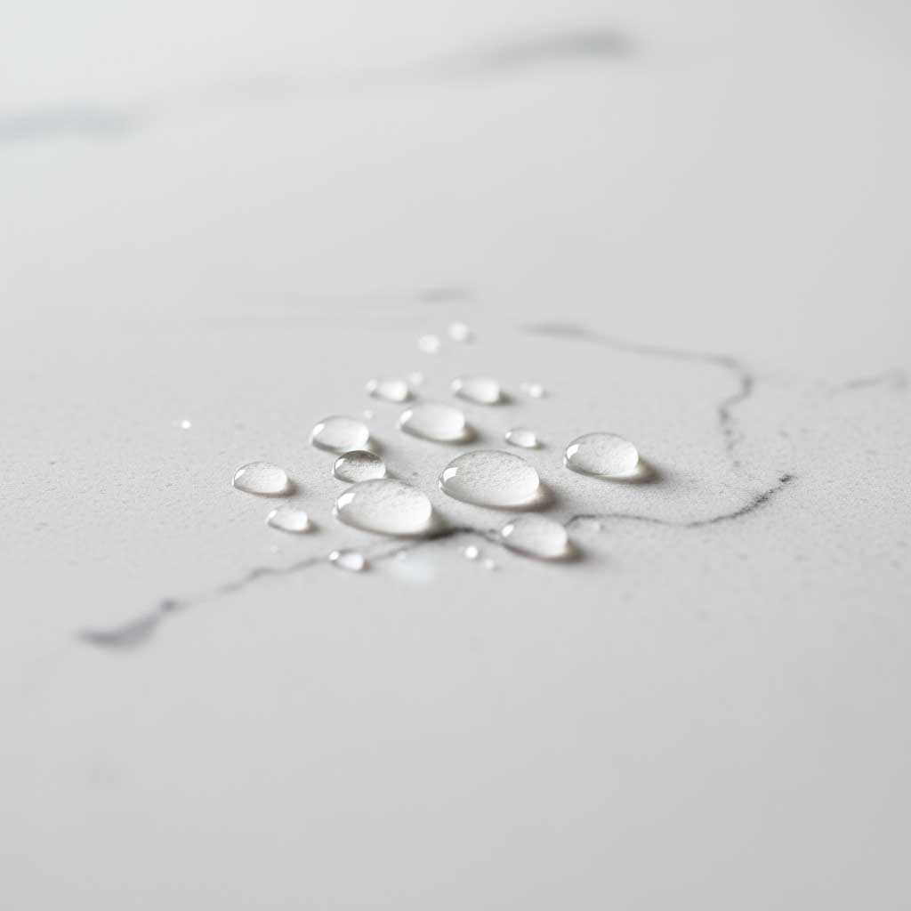 Macro photograph of water droplets beading on polished white quartz surface demonstrating non-porous moisture resistance