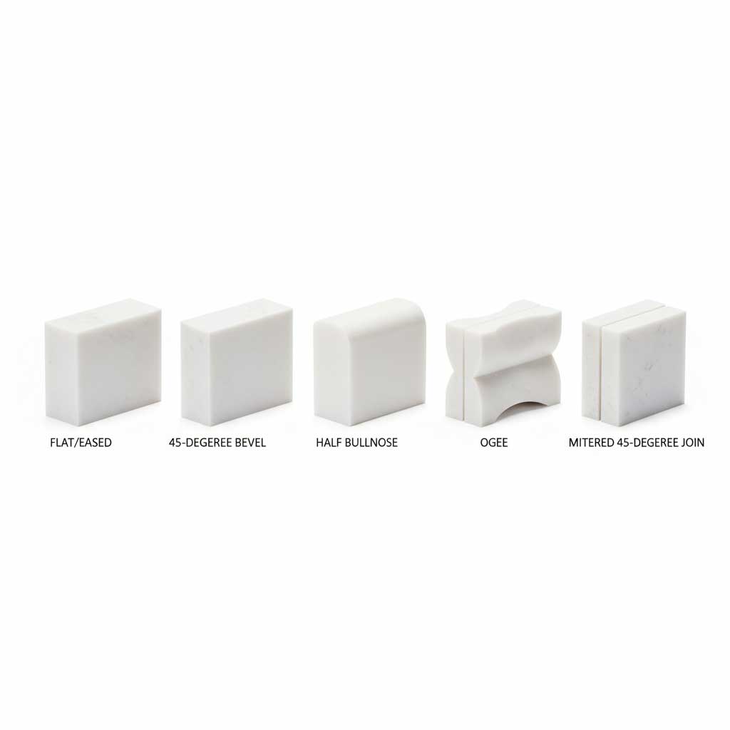 Comparison photograph showing multiple quartz vanity top edge profiles including flat, beveled, bullnose, ogee, and mitered edges