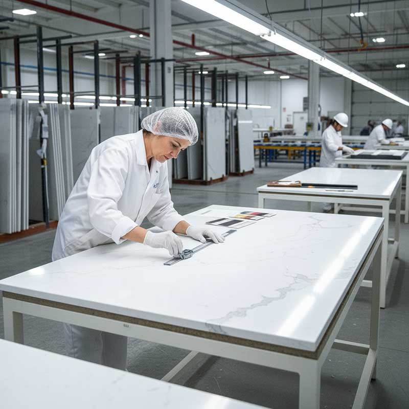 Quality control inspector examining a polished white quartz vanity top surface at a quartz stone factory with measuring tools