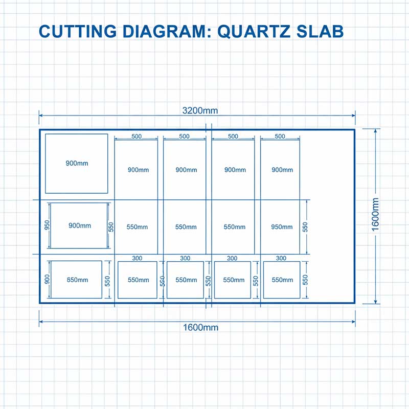 Technical cutting layout diagram showing optimized arrangement of bathroom vanity top pieces on a 3200x1600mm quartz slab