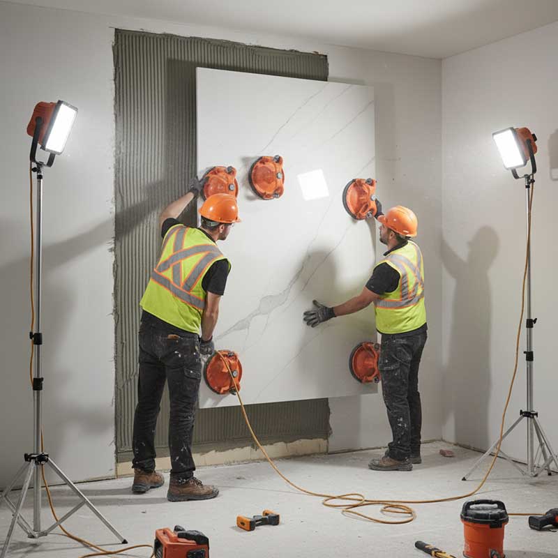 Two professional installers positioning a large white marble-look engineered quartz wall panel using industrial suction cup lifters on adhesive-prepared concrete substrate
