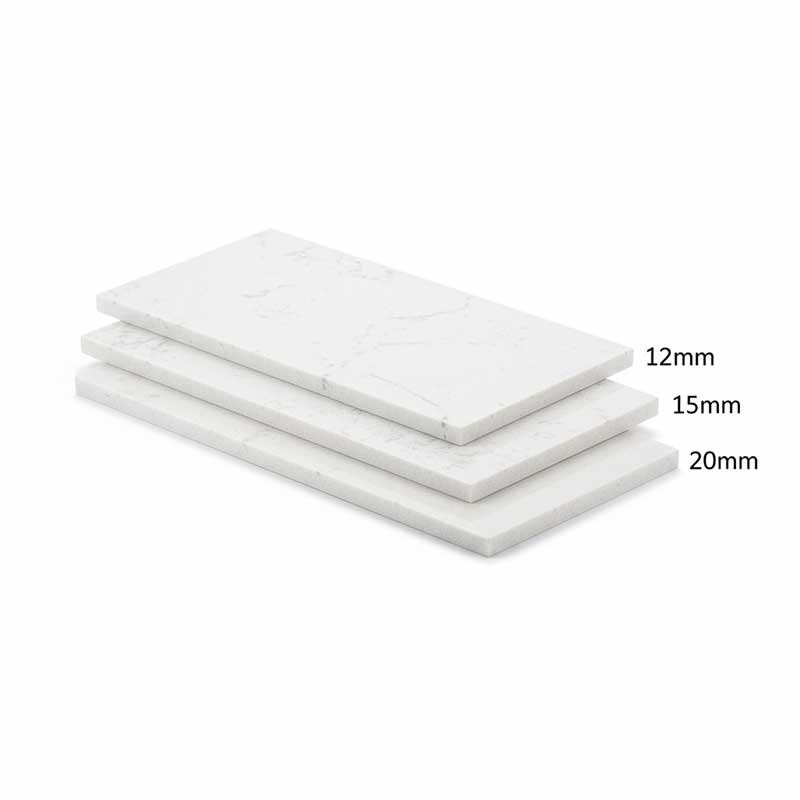 Cross-section comparison of 12mm, 15mm, and 20mm engineered quartz wall panels showing thickness differences and edge profiles