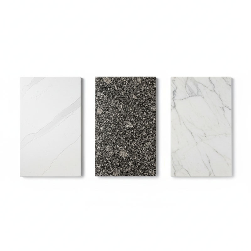three samples of quartz , granite and marble lay in line show different material