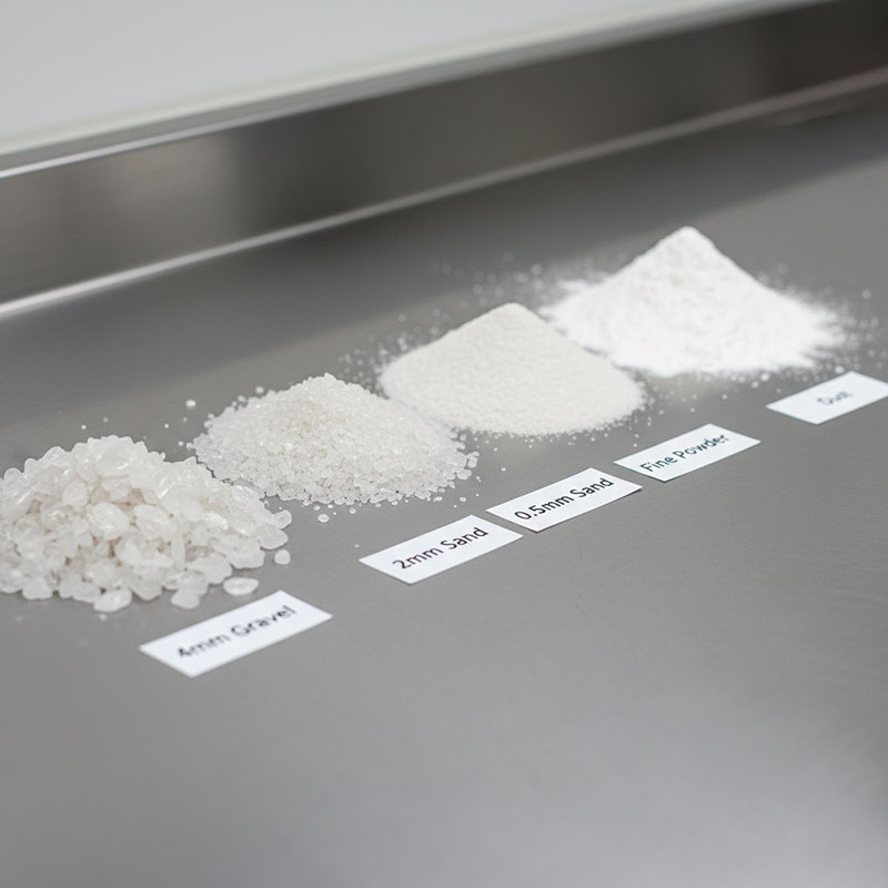 Different sizes of crushed quartz crystals and quartz sand arranged in piles showing particle grading from coarse to fine