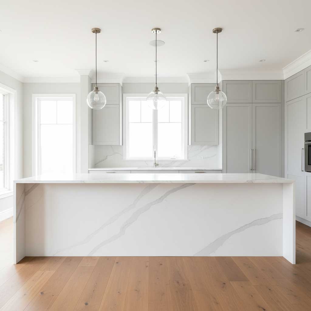 Large seamless kitchen island countertop made from a single jumbo quartz slab in white marble-look finish, open-concept modern kitchen with pendant lighting