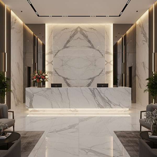 Elegant five-star hotel lobby with large Statuario marble reception desk featuring dramatic white and grey veining, marble wall cladding, and sophisticated ambient lighting