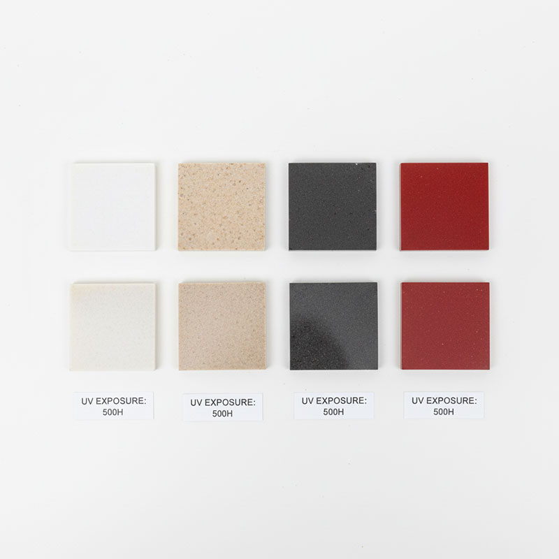 Laboratory before-and-after comparison photographs of white, beige, dark grey, and red quartz stone samples after 2000 hours of accelerated UV weathering testing showing color change and yellowing
