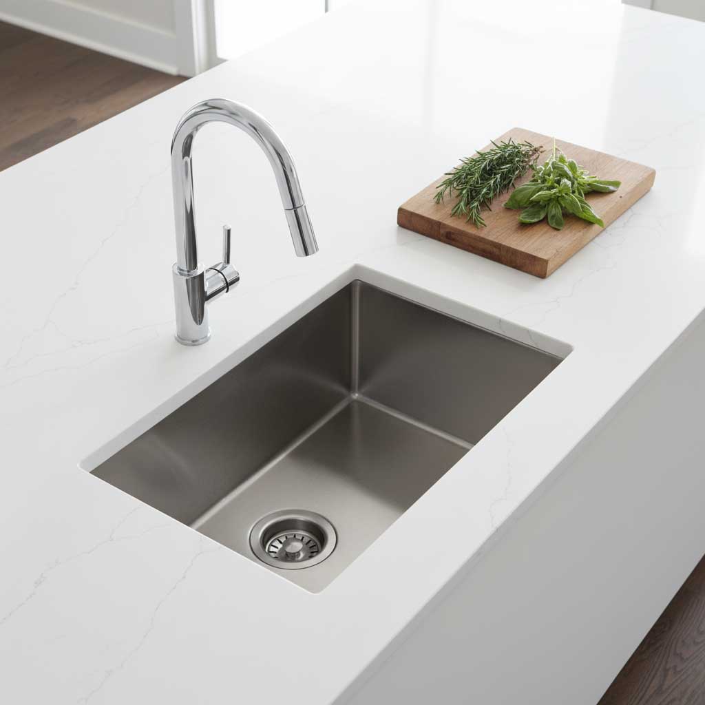 Undermount stainless steel sink installed in white quartz kitchen countertop showing clean cutout edge and chrome faucet, viewed from above