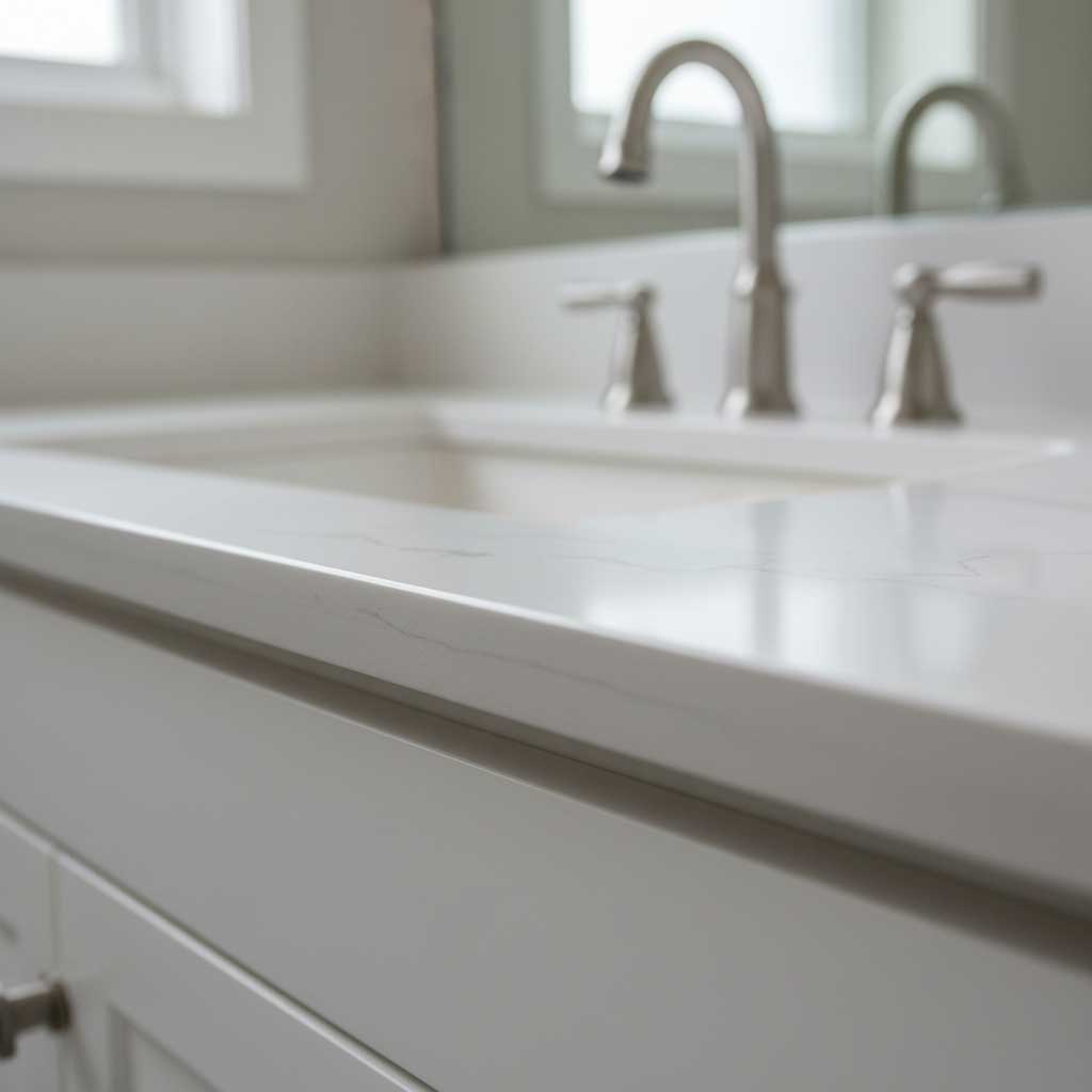 Close-up detail of undermount ceramic sink installed beneath polished white quartz bathroom vanity top showing clean edge transition