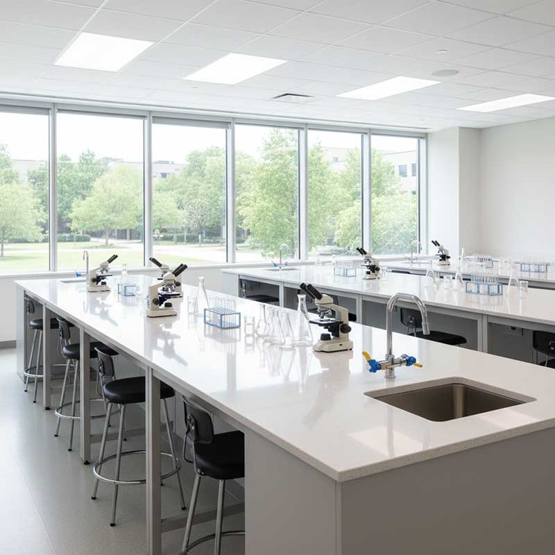 Modern university science laboratory with white quartz worktop surfaces on lab benches, microscopes, lab equipment, bright overhead lighting