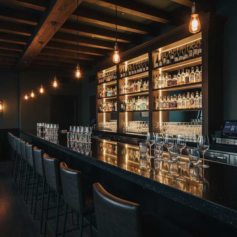 Upscale restaurant bar with dark charcoal engineered quartz counter, wine glasses, bottle display, warm ambient lighting, and leather bar stools