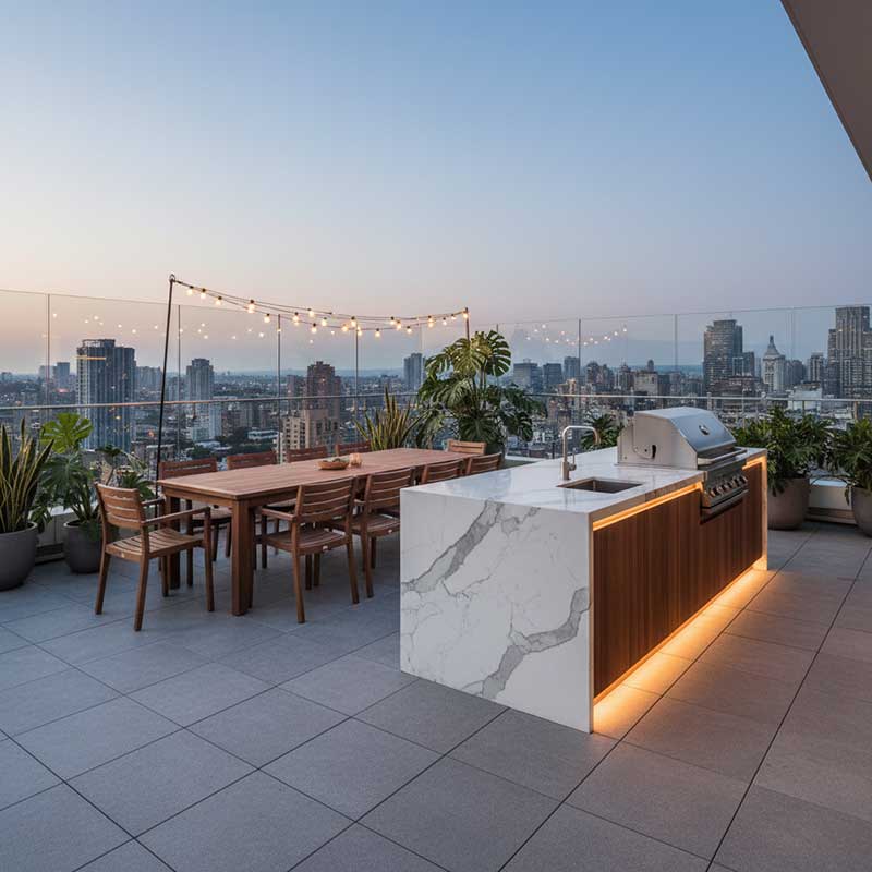 Modern rooftop terrace featuring a white Calacatta quartz kitchen island and BBQ station, set against a backdrop of towering skyscrapers.