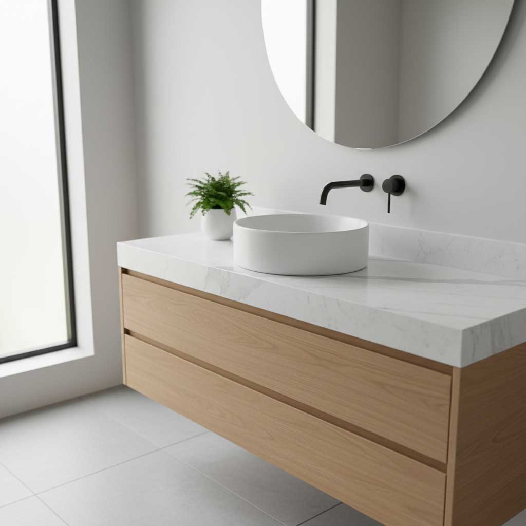 Modern bathroom with round white ceramic vessel sink on quartz vanity countertop with grey veining and wall-mounted faucet