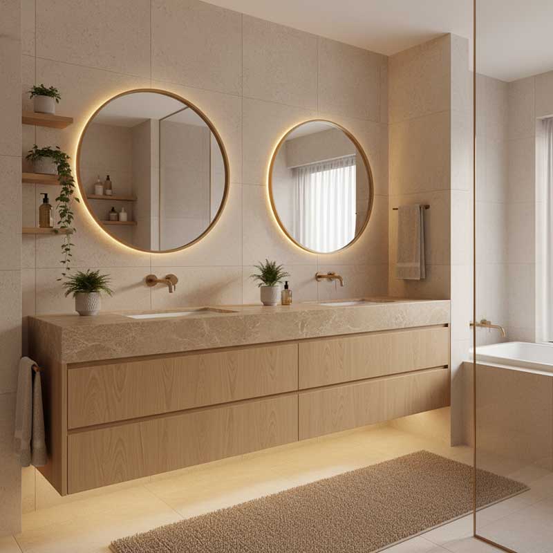 Contemporary bathroom with warm beige earth-tone quartz vanity countertop reflecting biophilic design trend in 2025