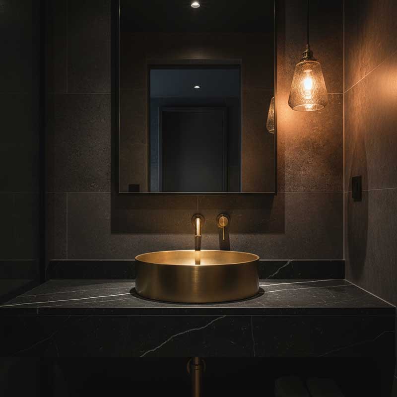 Modern bathroom with warm beige quartz vanity top, brass faucet, round gold mirror frame, and warm wood vanity cabinet