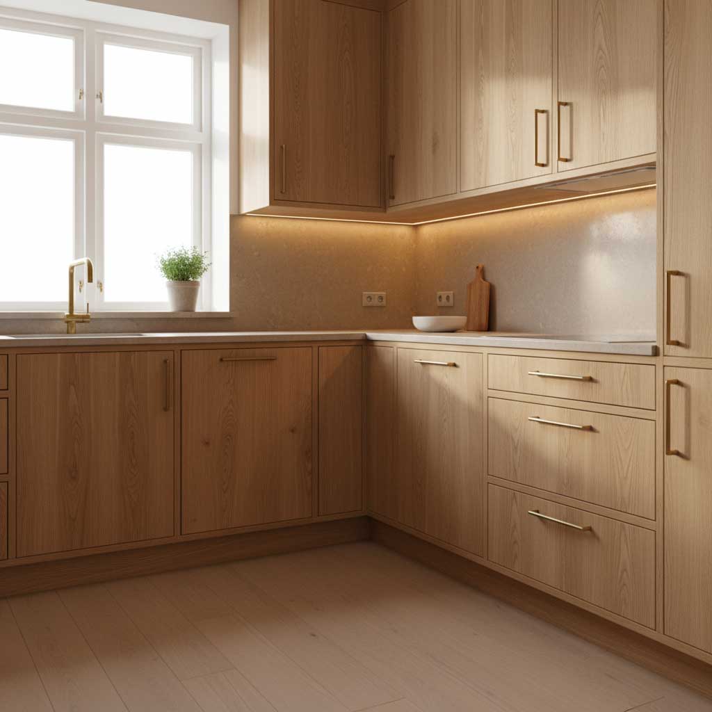 Kitchen interior with warm greige beige quartz countertop, natural oak wood cabinets, brass hardware, warm ambient lighting, Scandinavian modern design