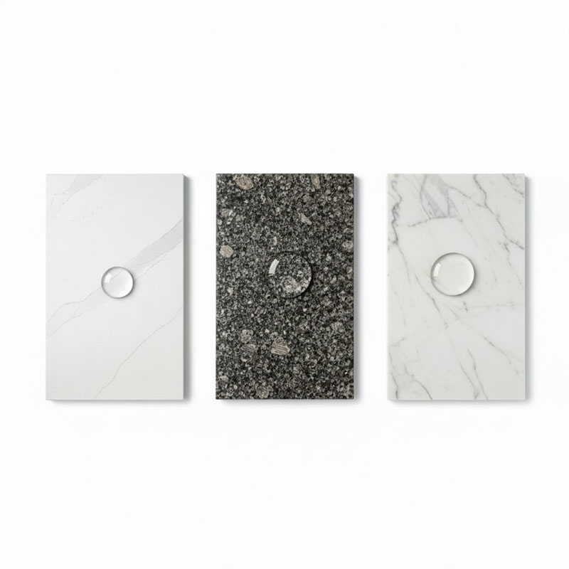 Overhead view of water droplet porosity test showing water beading on white quartz surface, partially spreading on grey granite, and absorbing into white marble surface creating a dark wet spot