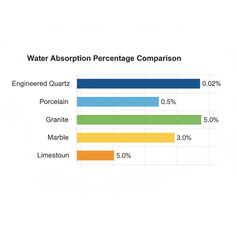 Bar chart comparing water absorption rates of engineered quartz at 0.02 percent versus granite at 0.2 percent, marble at 0.4 percent, porcelain at 0.5 percent, and limestone at 5 percent