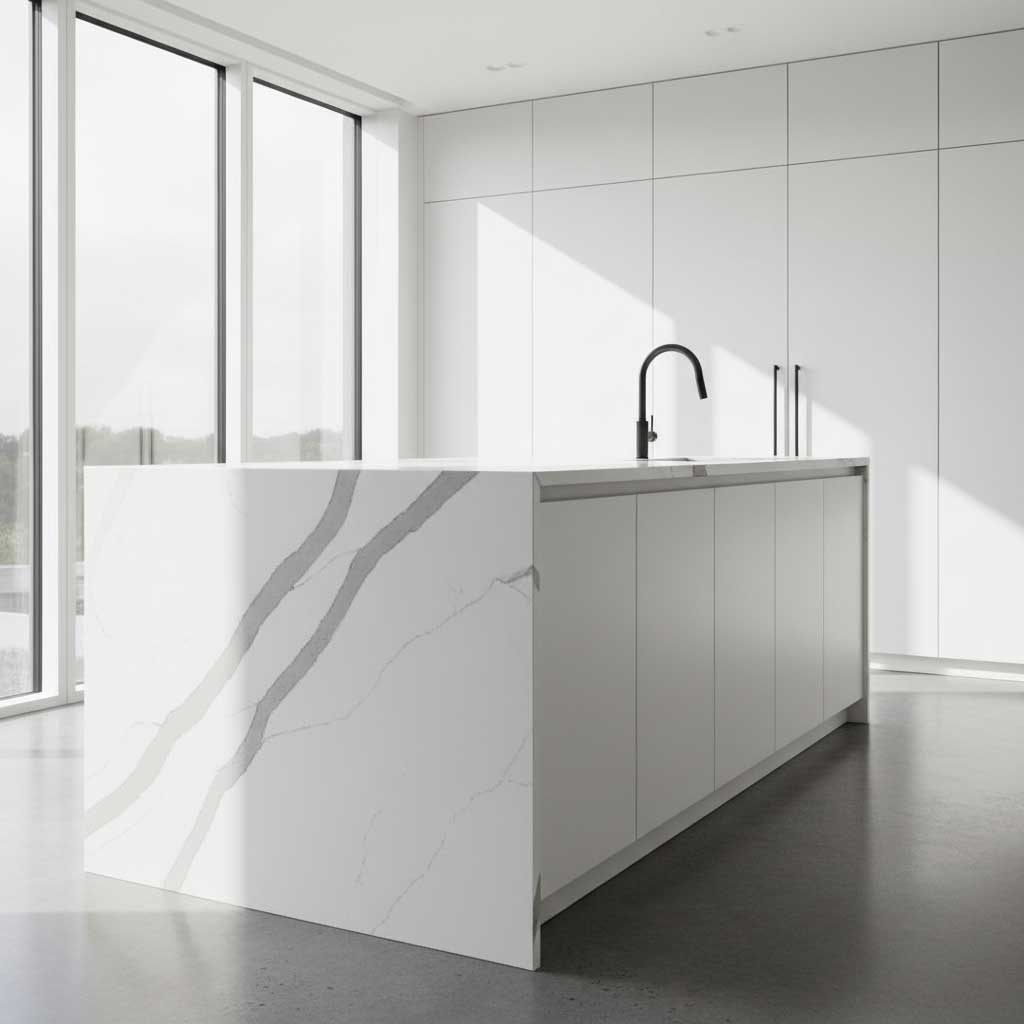 Stunning waterfall edge kitchen island with bold grey-veined white quartz flowing from the countertop surface down the side to the floor, modern minimalist kitchen