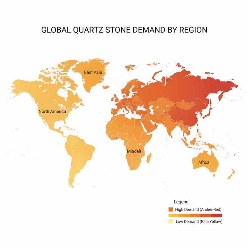 World map heatmap showing regional demand distribution for engineered quartz stone across North America Europe Asia Pacific Middle East and Latin America